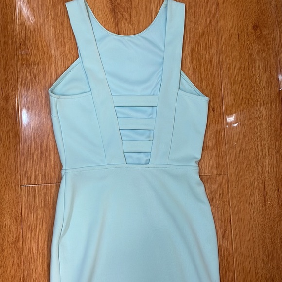 Women Forever21 Turquoise Mini Bodycon High Neck Dress with Ladder Back Cutouts - Picture 2 of 5